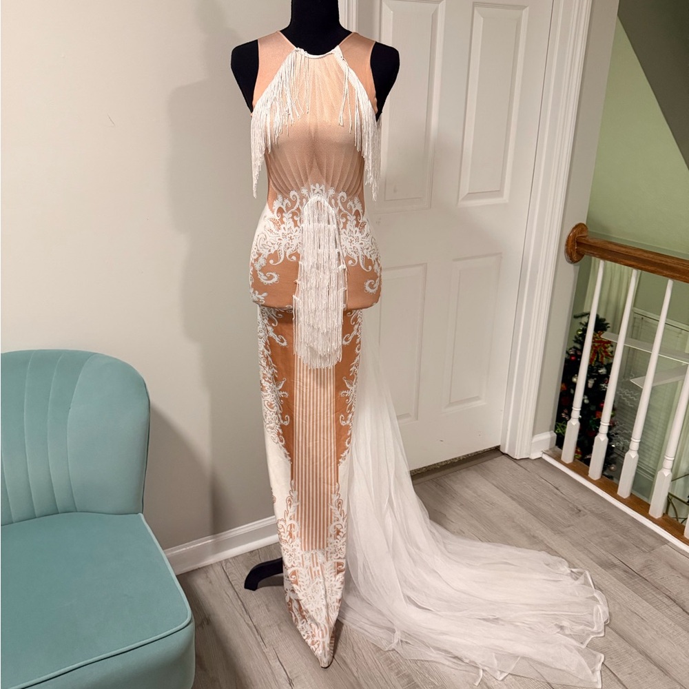 Elegant White and Nude Gown with Fringe Details